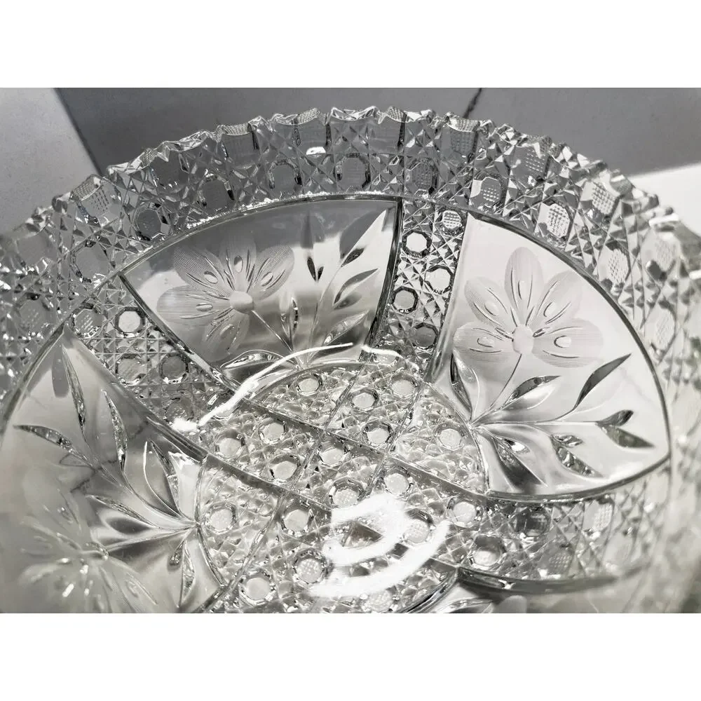 Antique American Brilliant Period Cut Glass Bowl Lead Crystal Floral Leaves 8”